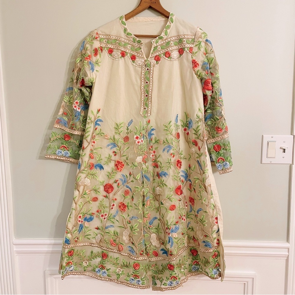 Handmade Embroidered Floral Lace Cotton Midi Dress Medium Large Boho Cottagecore - Picture 1 of 11